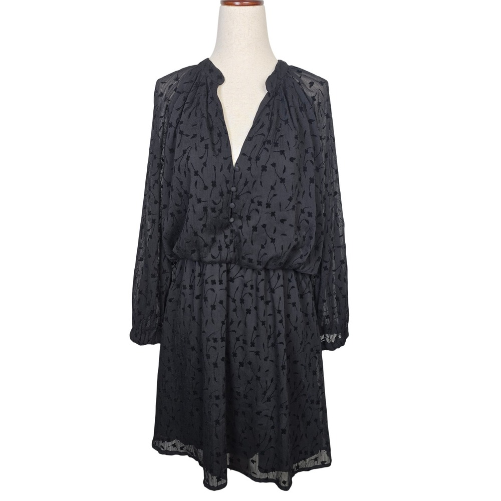 Zara Womens Small Black‎ Floral Devore Chiffon Mini Dress Long Sleeve V-Neck LBD